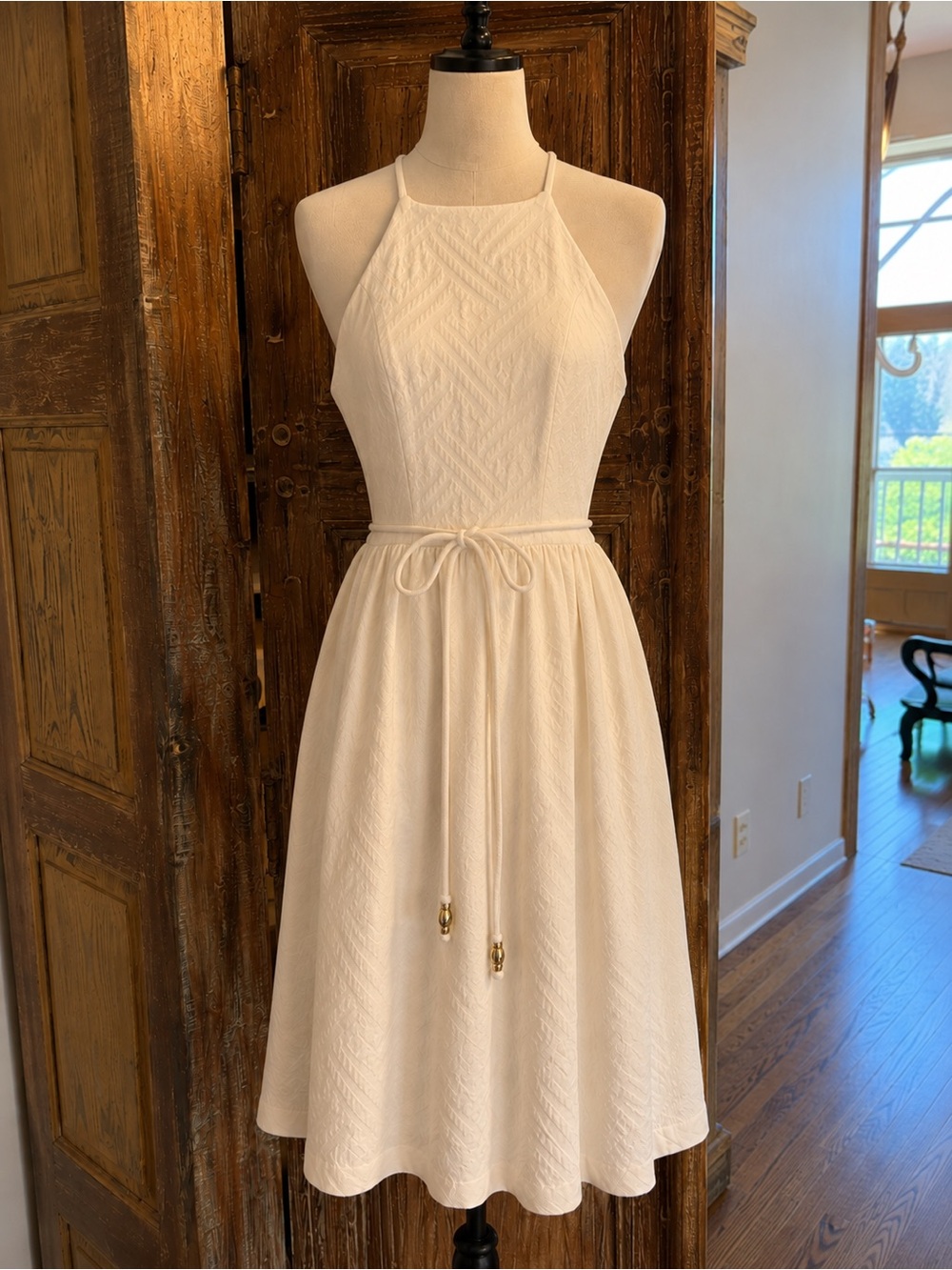 Milly Cream Halter Midi Dress with Tie Waist and Pockets size M